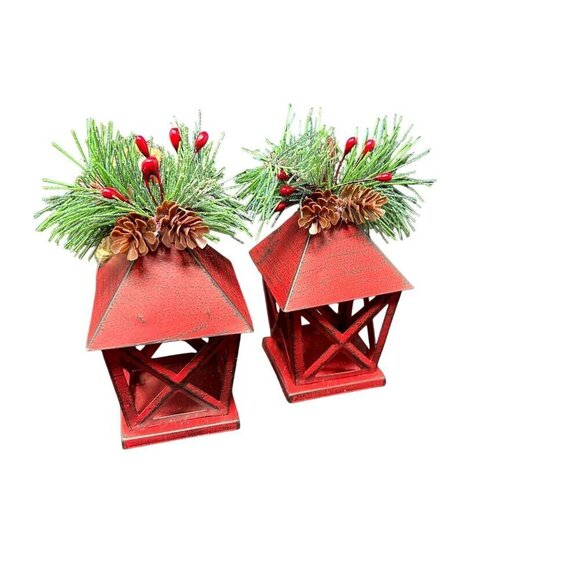 Christmas Lantern Ornament Set 5in Pinecone Berry Accents Holiday Rustic New Red - Picture 6 of 11